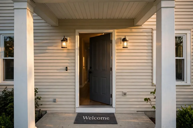 Illustration of an open front door with a welcome mat and warm porch lights