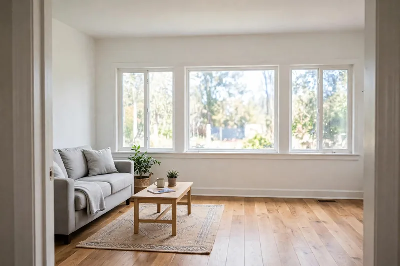 Illustration of the same living room after the work, clean and bright and ready for finishing