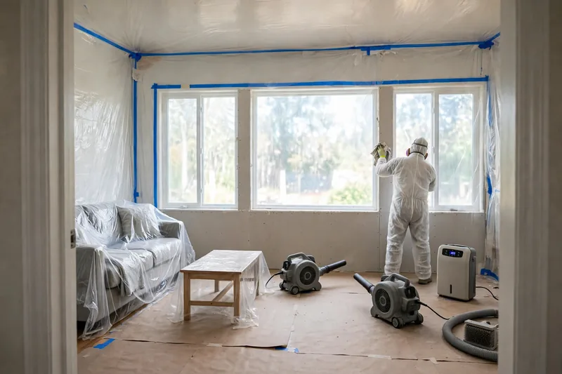 Illustration of a technician cleaning near the windows while air movers and a dehumidifier run on the floor