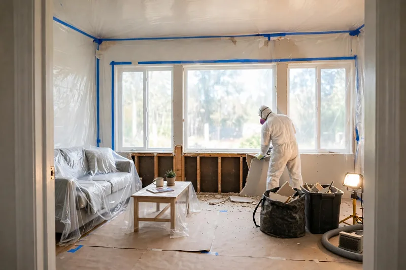 Illustration of a sealed work area with an open wall section and a technician removing damaged drywall